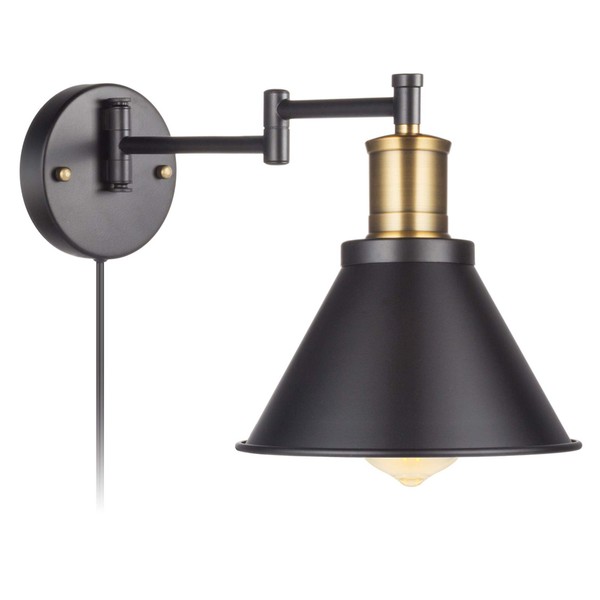 ArcoMead Swing Arm Wall Lamp Plug-in Cord Industrial Wall Sconce, Bronze and Black Finish,with On/Off Switch, E26 Base UL Listed,1-Light Bedroom Wall Lights Fixtures,Bedside Reading Lamp