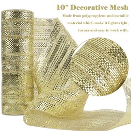 HUIHUANG Champagne Deco Mesh 10 inch Rolls Metallic Decorative Mesh with Gold Tinsel Champagne Gold Mesh Ribbon for Christmas Tree, Garlands, Gift Wrapping, Wreath Supplies, Bows-10 Yards