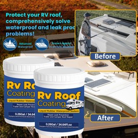 Qiveaory 0.52Gal/69.28Fl.oz Liquid Rubber Rv Roof Coating White Waterproof Sealant Camper Roof Repair Solar Reflective Wooden Brush Putty Knife Nitrile Gloves Paint Roller Drywall Repair Tape