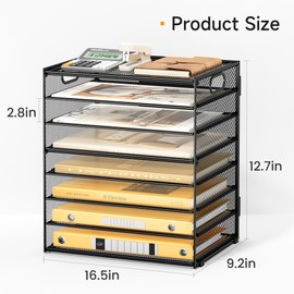 Lavatino 8 Tier Paper Organizer for Desk, Black Mesh Letter Tray File Sorter Organizers with Handles, Include 5 Pcs Adjustable Slid Tray for Office School Classroom Supplies Organization and Storage