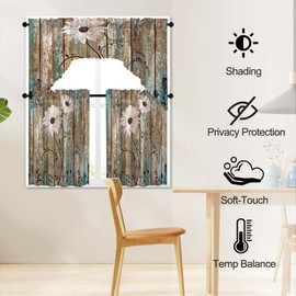 ULQUISNCE Floral Brown Tier and Swag Window Curtain Set, 3Pcs Kitchen Curtain Abstract Art Valance Set Farmhouse Wooden Texture Rod Pocket Curtains for Modern Windows with Unique Patterns