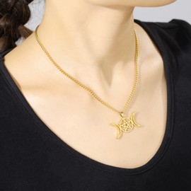 TEAMER Stainless Steel Triple Moon Goddess Amulet Wicca Pentagram Necklace for Women Men Pagan Jewelry (Gold-Type A)