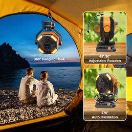 Dyienocs Clip on Fan - 20000mAh Rechargeable Battery Powered Outdoor Portable Tent Fan with Light and Hook - Camping Fan with Remote, 5 Speeds, 5 Timing, Shaking Head,Digital display - Black/Orange