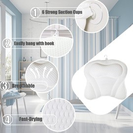 Bath Pillow for Bathtub,Luxury Bathtub Pillow for Head and Back Support Soft 4D Mesh Fabric and Non-Slip Suction Cups Bath Tub Pillow Quick Drying and Machine Wash Suitable for Home Spa (White)