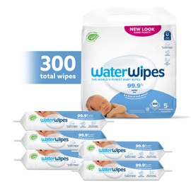 WaterWipes Plastic-Free Original Baby Wipes, 99.9% Water Based Wipes, Unscented & Hypoallergenic for Sensitive Skin, 300 Count (5 packs), Packaging May Vary
