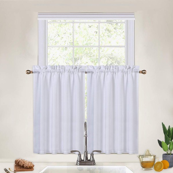 CAROMIO Cafe Curtains 36 Inch Length, Waffle Woven Textured Short