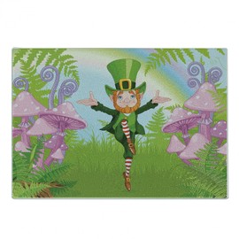 Lunarable Beard Cutting Board, Lucky Dancing Leprechaun on a Mushroom Garden Irish Themed Arrangement Retro Motif, Decorative Tempered Glass Cutting and Serving Board, Small Size, Multicolor