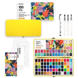 Grabie 100 Colors Premium All-In-One Watercolor Paint Set - 50 Essential, 35 Metallic, 10 Pastels, 5 Neon Hues - Portable Case, Brush Pens, Paper Pad, Waterproof Fineliner Pen, Beginner & Professional