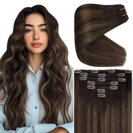 VeSunny Clip in Hair Extensions Human Hair Balayage Brown Human Hair Clip in Extensions Brown Ombre Chestnut Brown Mix Darkest Brown Hair Extensions Clip in Human Hair Brown Ombre 22inch 7pcs/120g