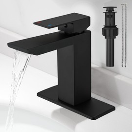 Hoimpro Matte Black Waterfall Single Hole Bathroom Faucet with 6" Deck Plate, Stainless Steel Bathroom Sink Faucet with Pop-up Drain, Rv Vanity Vessel Faucet with Supply Lines, Matte Black
