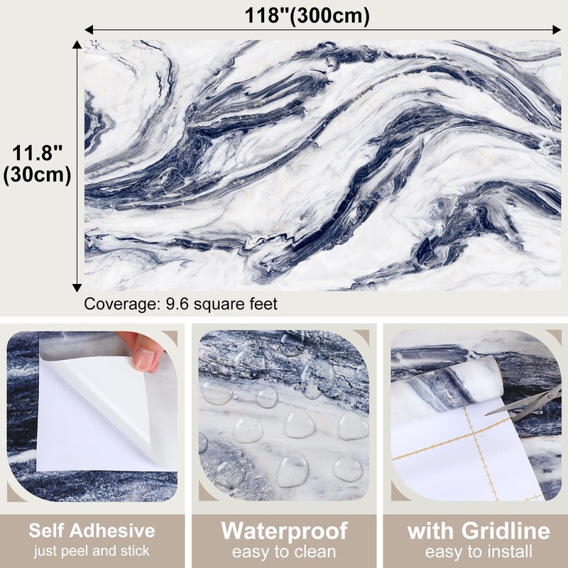 VaryFloral White Navy Blue Marble Contact Paper for Countertops Peel