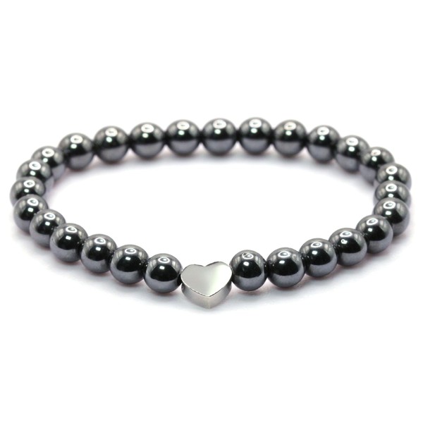 Echtes Hämatit Edelstein Armband mit 6mm Perlen und Edelstahlherz -