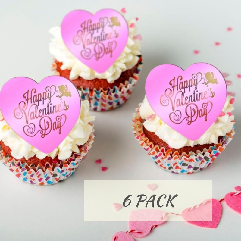 6x Valentine's Day Acrylic Cupcake Toppers Heart shaped Tags Valentines