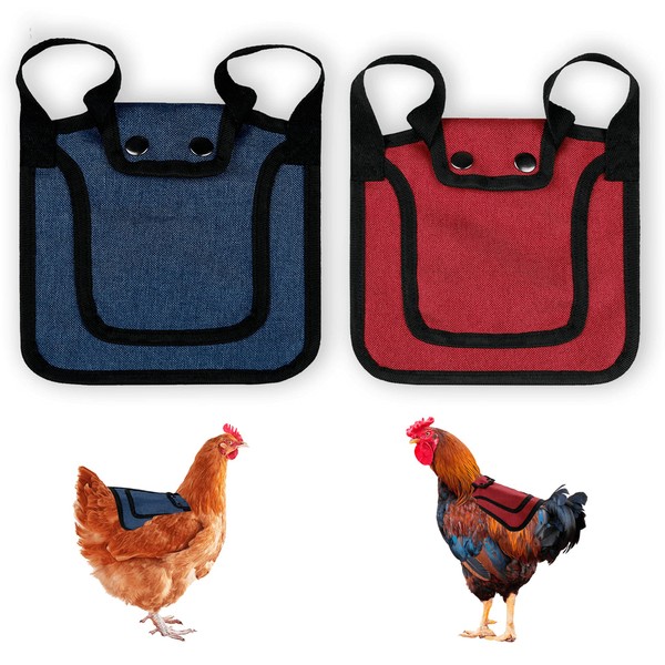 2 Pieces Premium Chicken Saddle for Hens and Roosters, Outdoor Hen Saddles with Adjustable Strap, Chicken Sweater Aprons, Birds Feather Protector for Back and Sides, Suitable for 5-7.6lbs, Red & Blue