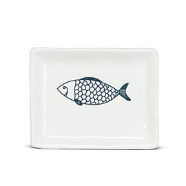 Abbott Collection 27-CORFU-550 Small Rectangle Fish Plate, 1 EA, White/Blue