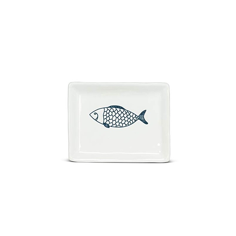 Abbott Collection 27-CORFU-550 Small Rectangle Fish Plate, 1 EA, White/Blue