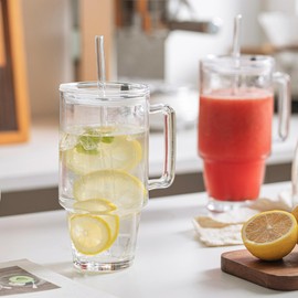 KEMORELA 24oz Glass Tumbler with Handle & Lid - Reusable Glass Cup with Straw for Iced Coffee, Smoothie & Water - Clear Drinking Glasses, To-Go Travel Drinkware