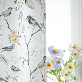 VOGOL Grey Curtains for Living Room, Flower and Bird Printed Pattern with Grommets, Light Filtering Faux Linen Textured Durable Fabric for Dining Room Office Bedroom, 52×96, 1 Panel