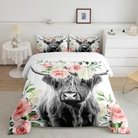 Feelyou Highland Cow Bedding Set Kids Rose Floral Bull Cattle Comforter Set for Girls Teens Western Wildlife Animal Comforter Farmhouse Duvet Set Room Decor Quilt Set Full Size