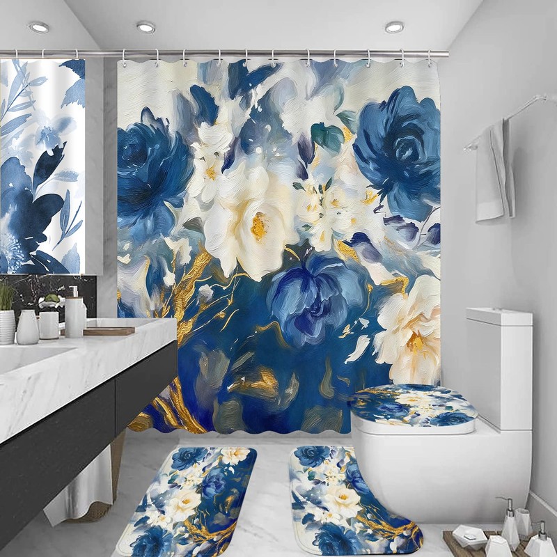 LQCOOL Blue Shower Curtain Set 4Pcs Flower Bathroom Sets with