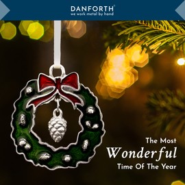 DANFORTH Small Green Christmas Wreath Ornament with Red Bow, Mini Tree Decorations, Hanging Pewter Xmas Tree Ornaments or Home Decor, 1 ¾”, Made in USA