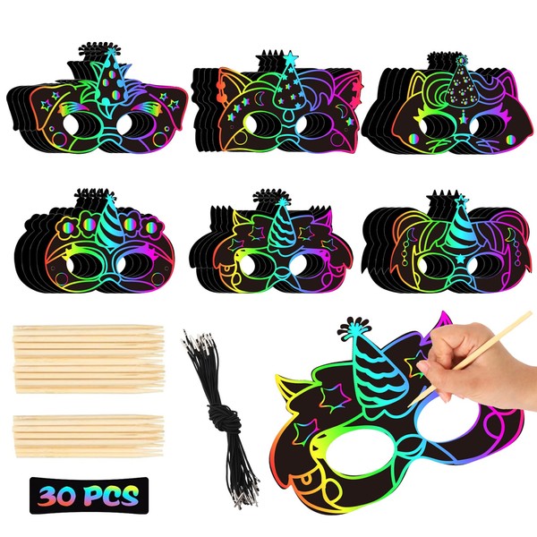 JarThenaAMCS 30 Sets Animal Scratch Mask Paper Scratchboard Rainbow Masks