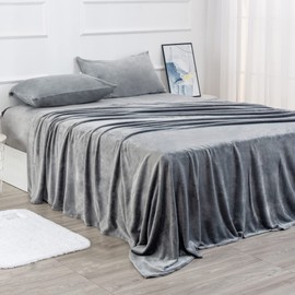 Micro Fleece Sheets Set Queen Size – No Pilling and Extra Soft Bed Sheets Set – Velvet Plush and Cozy Warmth Sheets with Deep Pocket (Queen, Grey 4 Piece)
