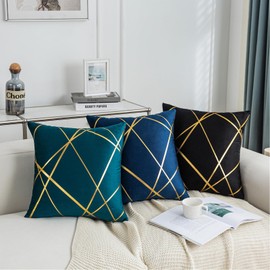 Cushion Cover, 40 x 40 cm, Turquoise, Sofa Cushion, Autumn Cushion Cover with Gold Geometry Line Cushion Cover, Modern Decorative Cushion, Velvet Decorative Cushion, Set of 2 for Bedroom, Couch, Sofa,