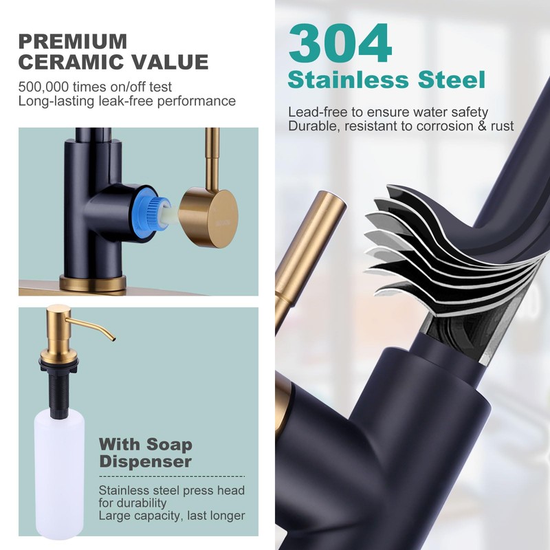 Black and Gold Kitchen Faucet with Soap Dispenser, WOWOW Stainless