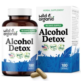 Wild & Organic Alcohol Detox Capsules - Liver & Kidney Support Formula - Anti Alcohol Supplement with Milk Thistle, Dandelion Root & Chanca Piedra - Vegan, No Fillers, Non-GMO - 180 Count