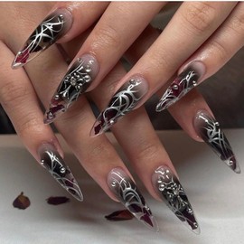 24pcs Long Almond & Stiletto Gothic Style Press-on Nails – Rhinestone Cross & Silver Swirl Design – Full Cover Stick-on Fake Nails with Tools Kit for Women Girls DIY Manicure Party Gift