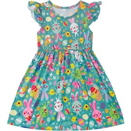 Akyzic Easter Dresses for Girls Kids Casual Twirl Sundress Toddler Flutter Sleeve Outfits Summer Easter Bunny Dress 7-8 Years / 8T
