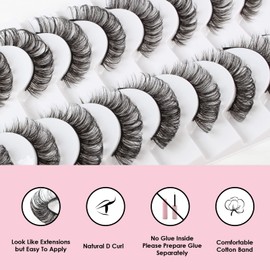 Glowingwin Cat Eye Lashes Natural Look Russian Strip Lashes D Curl Wispy Fluffy Russian Eyelashes Strip Lashes Hybrid Lashes 10 Pairs Pack Fake Eyelashes False Lashes Faux Mink Lashes 3D Effect