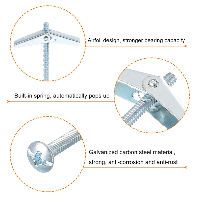 sourcing map 5Pcs Spring Toggle Bolt Anchors, 1/8"x3" Butterfly Anchors