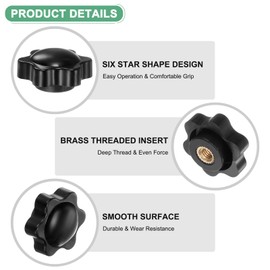 M METERXITY 12-Pack 6 Star Knobs, 1/4"-20 Female Thread 0.98"(25mm) Hexagon Head Blind Hole Clamping Grip Handles for Machinery/Electronic/Woodworking, Brass Screw-On Threaded Knob [Black]