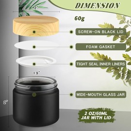 DMuuuDM 12 Pcs 2 Oz Frosted Glass Jar,Empty Refillable Glass Cosmetic Container Jars Holder with Inner liner,Plastic Lid for moisturizer,Foundation,Body Butter Oil,Ointment,Spices (Black)