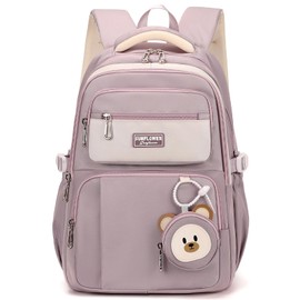 Amythe School Backpack Teenager Backpack Girls School Bag for 3rd 5th Grade, 40L Large Children's Backpack with Cute Coin Purse for 9-18 Years, Casual Daypack with Trolley Strap, purple