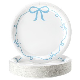 Havawish 50 Pcs Blue Bow Birthday Party Supplies 9 Inch Blue Bow Paper Plates Coquette Bachelorette Tableware Decorations Dinner Plates for Birthday Bachelorette Bridal Baby Shower Party