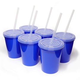 Rolling Sands 16 Oz. Reusable Plastic Stadium Cups with Lids, 6 Pack, USA Made Plastic Tumblers and Lids, Includes 6 Reusable Straws; Dishwasher Safe, Blue
