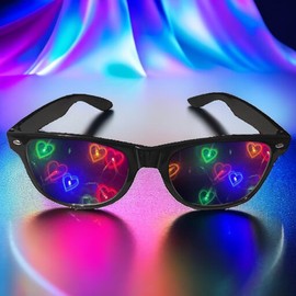 GogoRavers™ Heart Special Light Diffraction Effect Glasses - See Hearts/Stars/Signs! Upgraded Quality Rave EDM Festival Trippy Festive Light 3D Visuals (Hearts (Black Frame/Clear Lens))