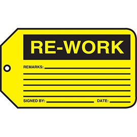 Accuform MMT306PTP Safety Tag, Legend "RE-Work", 0.015" Thickness, RP-Plastic, 5.75" x 3.25", Black on Yellow (Pack of 25)