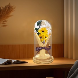 JIGQGY Sunflower Gifts for Women, Mother's Day Birthday Gift for Her Mom Wife Friends Girlfriend Teacher Grandma, Sunflowers Flower in Glass Dome with LED Lights Pine Base (Yellow)