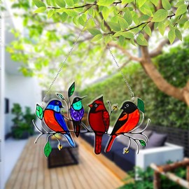 ASSDITED Multicolor Birds on a Wire Window Suncatchers Hanging Ornament Indoor Outdoor Decor Pendant Theme Gifts for Bird Lover (4 Birds)