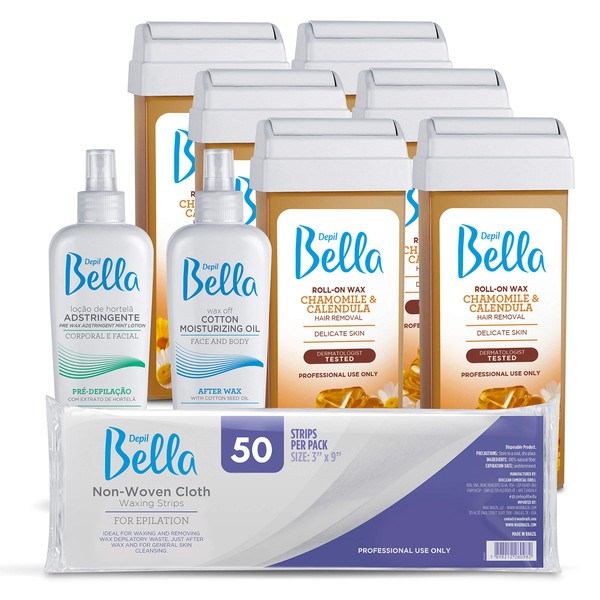 Depil Bella Brazilian Roll-On Chamomile and Calendula Depilatory Wax | Body Waxing, Hair Removal Wax-Cartridge | For Men and Women | Home Self Waxing | Sensitive Skin | Painless (6 PACK+ ADD)