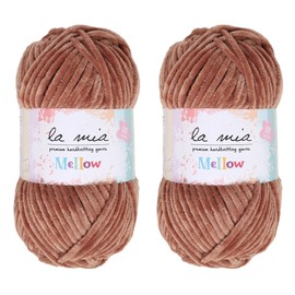2 Skein La Mia Mellow Velvet Chenille Yarn for knitting and crocheting baby clothes, blankets and accessories, 100% Polyester, 100 gr (3.5 oz) / 115 m (125 yards), Super Bulky, Brown - 922