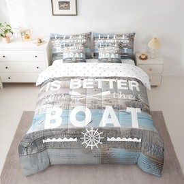 Erosebridal Lake House Comforter Set Queen Size 7 Piece,Paddle Boating Bedding Set with Sheet Set,Rustic Farmhouse Bed in A Bag Lake House Gifts for Men,Blue Grey Wooden Board Bed Set