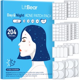 LitBear LitBear Acne Pimple Patches- Day and Night 6 Sizes 204 Dots Thin & Thick Hydrocolloid Patches with Witch Hazel, Tea Tree & Calendula Oil, Extra Adhesion for Face Zit Patch Dots