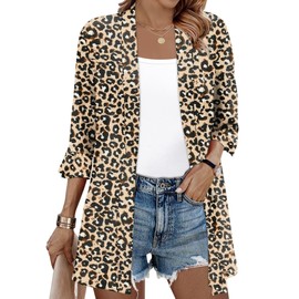 IECCP Womens Leopard Cardigan Sweaters Blazers for Women Thin 3/4 Ruffle Sleeves Open Front Sweater Jacket Leopard XXL