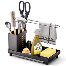 LOHOTEK Sink Organiser, Kitchen Sink Organiser, Black Kitchen Sink Organiser, Caddy with Removable Drain Pan, Utensils, Basket for Kitchen, Bathroom