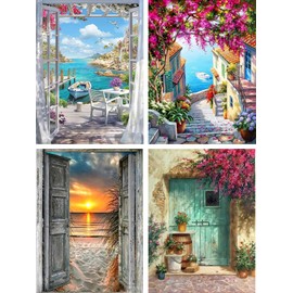 Jomzuci Paint by Numbers Adults, Pack of 4, Paint by Numbers Landscape with Brushes, Acrylic Pigment for Children and Beginners (30 x 40 cm)